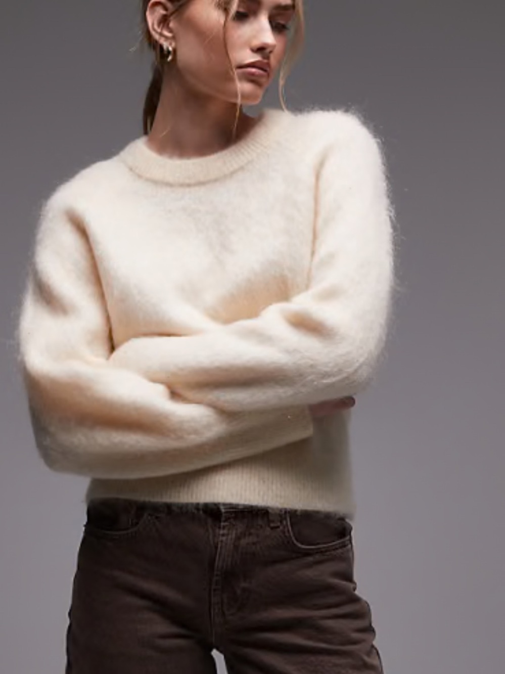 & Other Stories Cream Wool-Mohair Blend Crewneck Sweater with Volume Sleeves